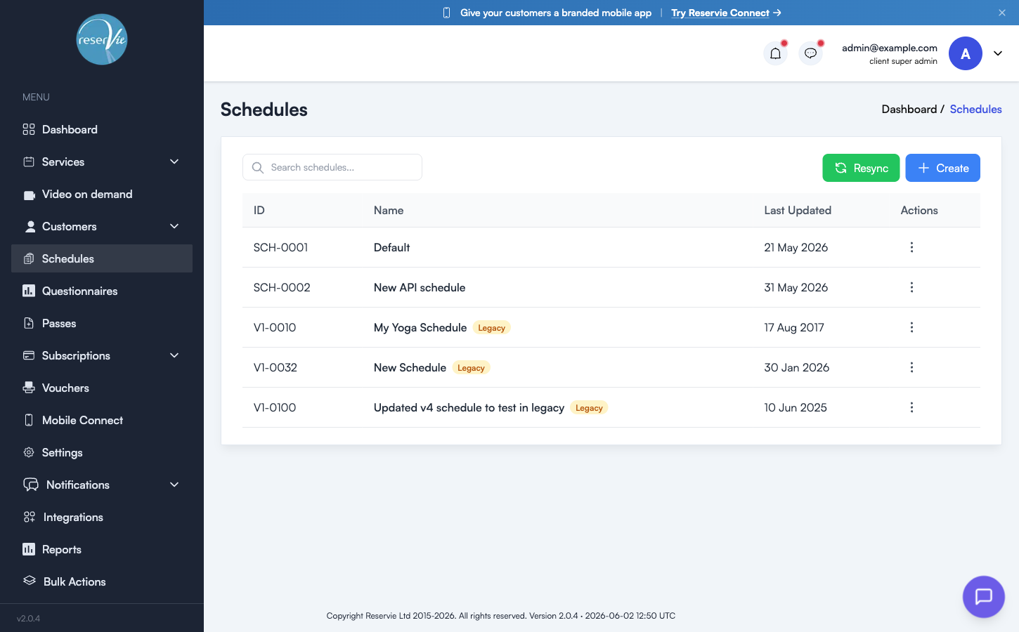Schedule Navigator with legacy schedules marked by a Legacy badge