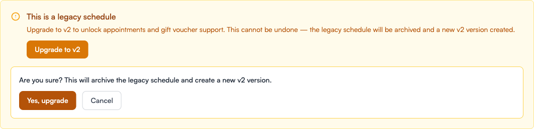 Inline confirmation with Yes, upgrade and Cancel buttons