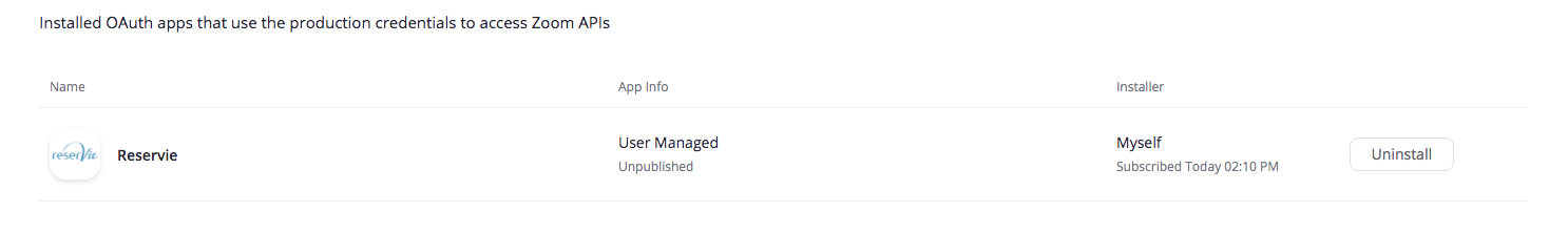 zoom marketplace showing the uninstall button for the reservie app