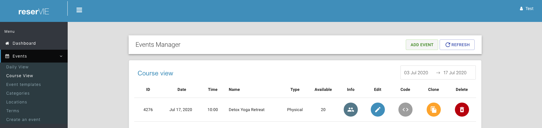 Step 3: reservie events course view with green add event button