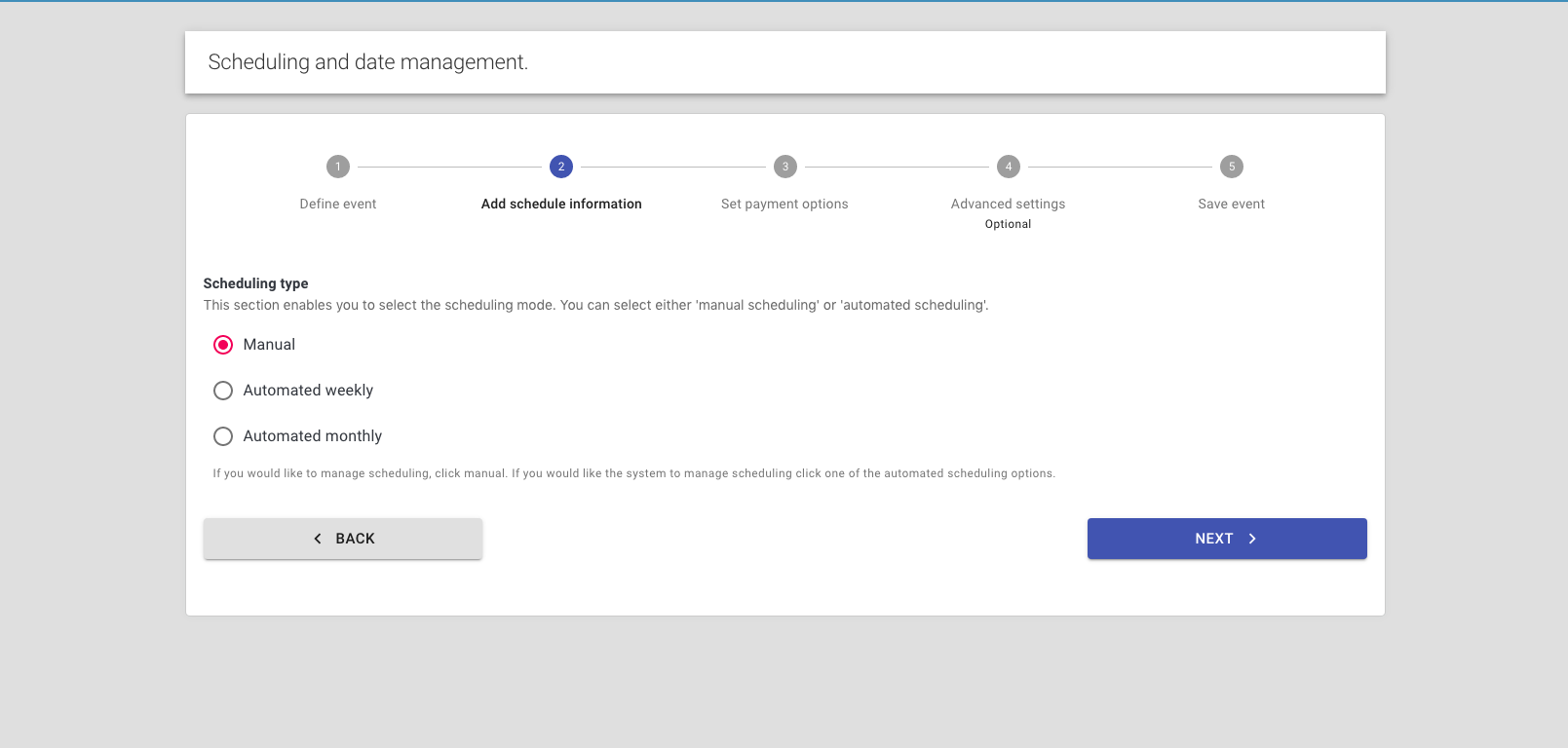 Step 7: reservie scheduling type options showing manual, weekly, and monthly