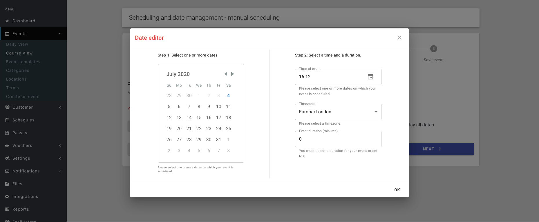 Step 8a: reservie manual scheduling form with date, time, and timezone fields