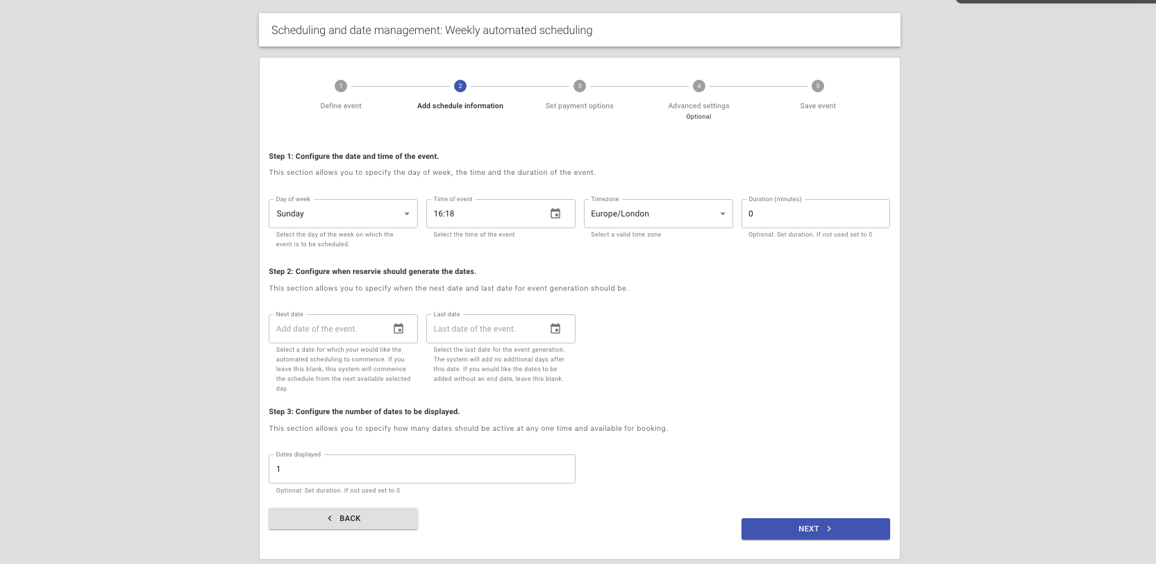 Step 8b: reservie automated weekly scheduling with day, time, and duration fields