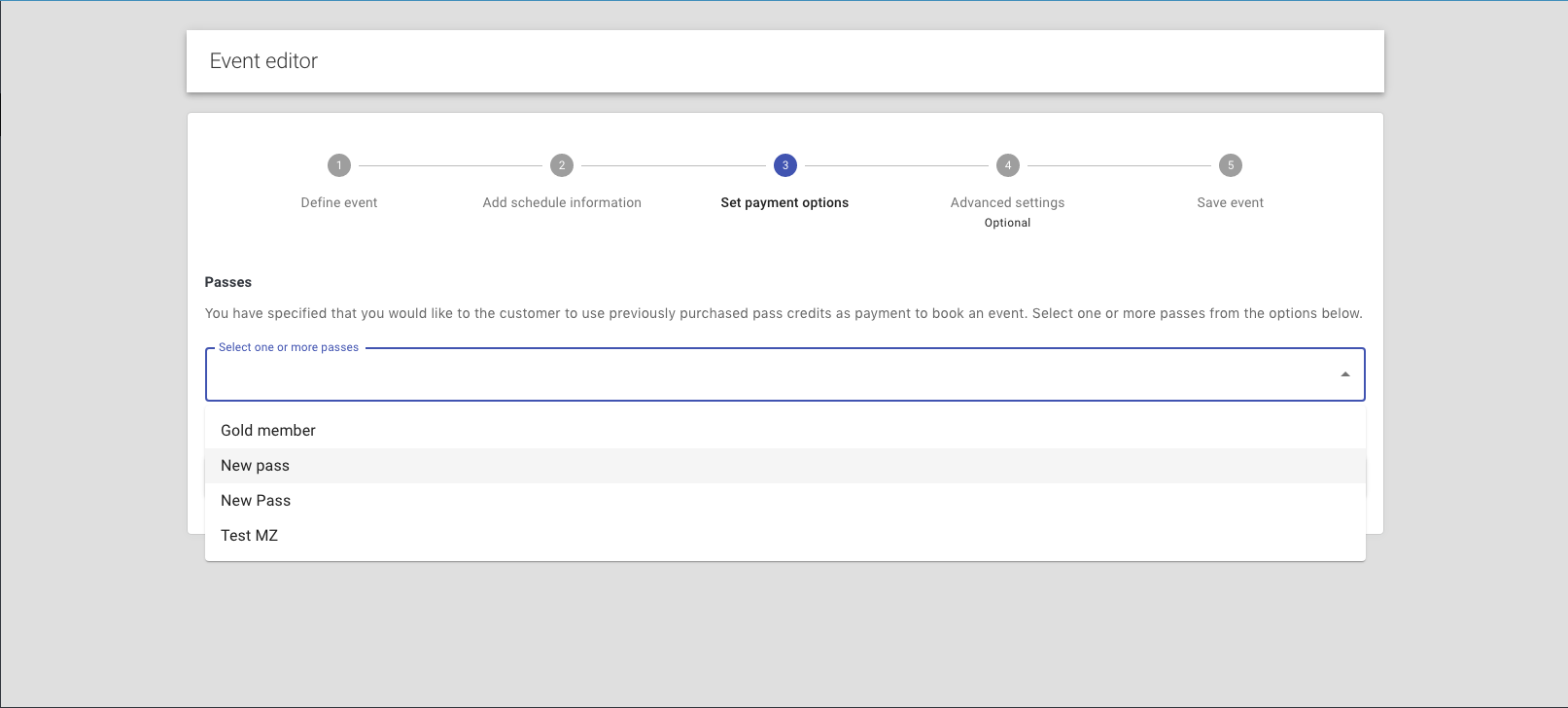 Step 11b: reservie pass selection list for assigning passes to the event
