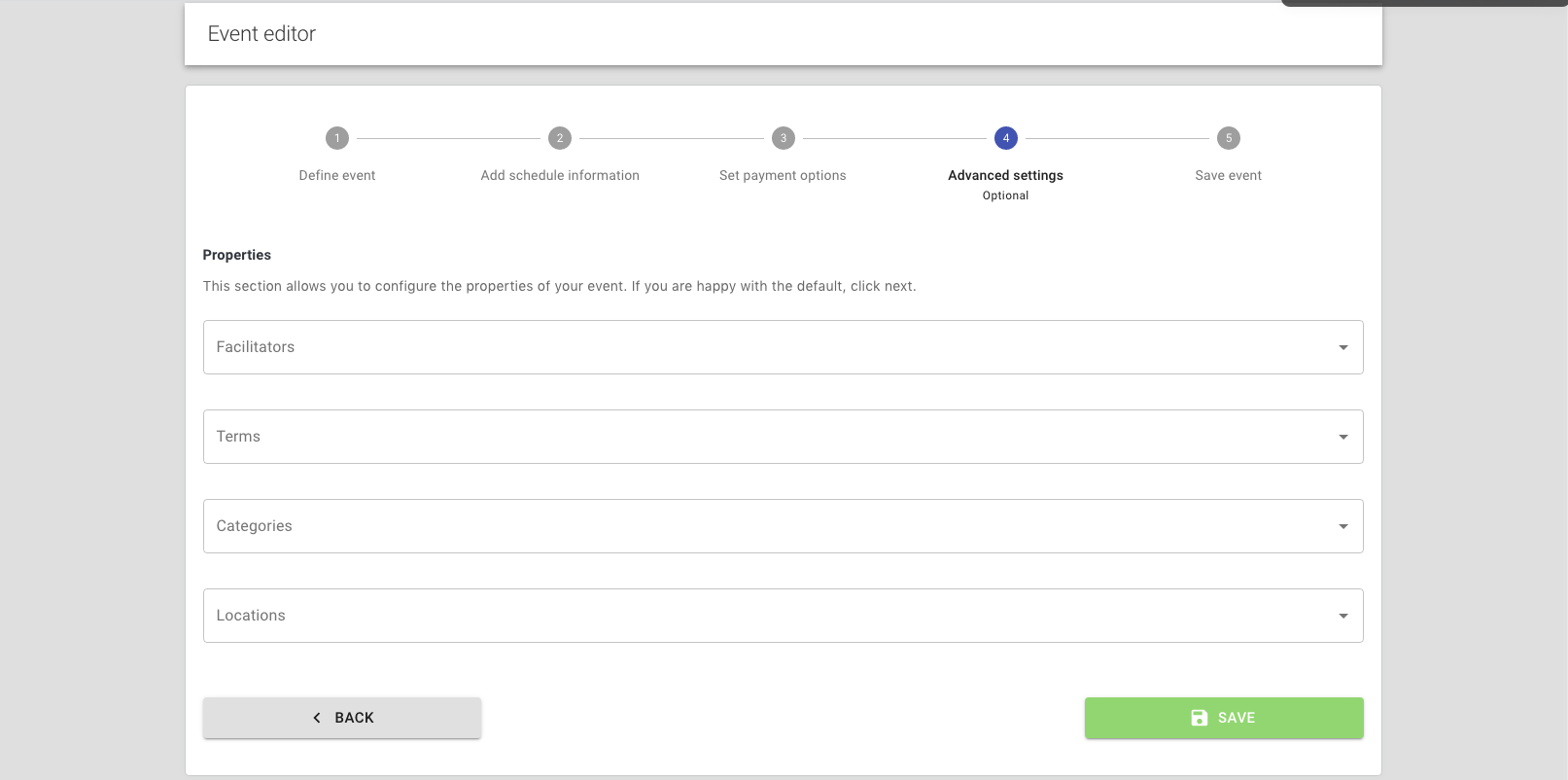 Step 13: reservie event properties with facilitators, terms, and categories